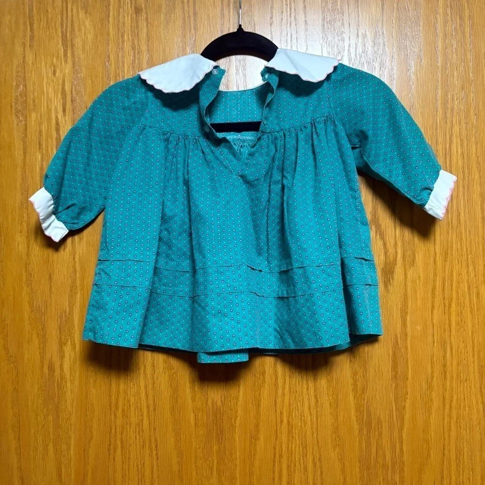 Vintage baby toddler  Green Heart Print Dress White Collar Pink Ribbon Detail